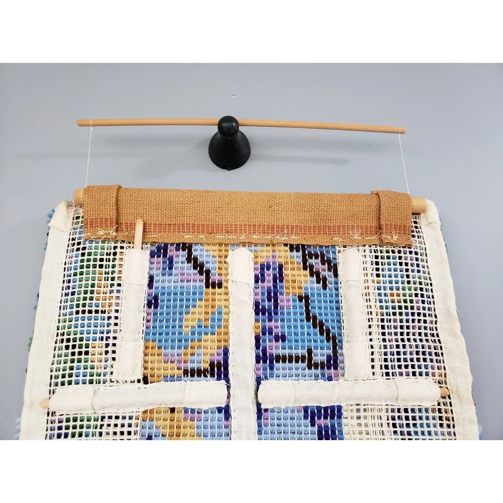 LARGE Vintage Latch Hook Rug Completed Beach Sea Wall Hanging PEACOCK maximalist